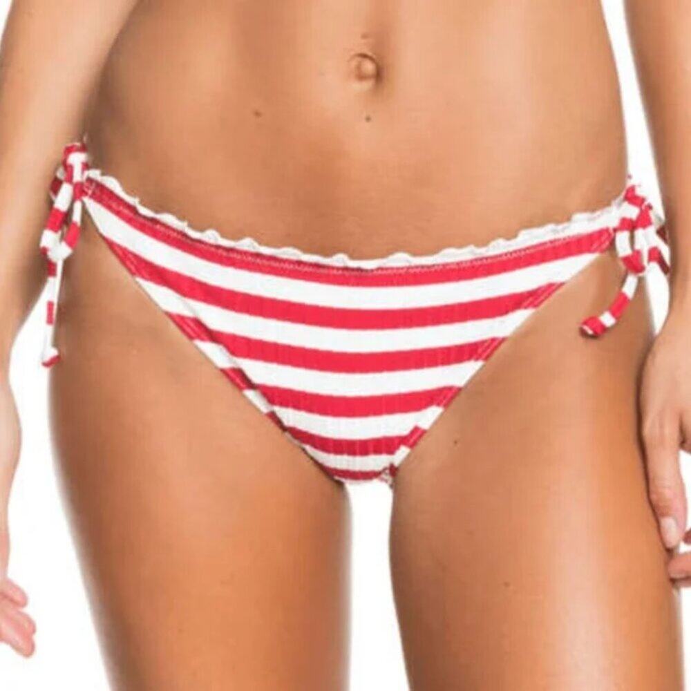 Roxy Hello July Tie String Red and White‎ Ruffled Bikini Bottom Size L NWT